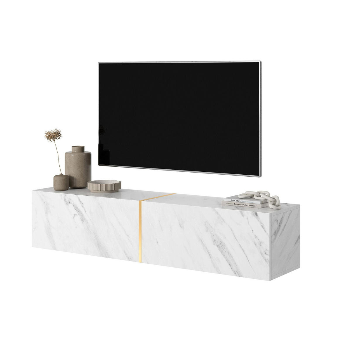 TV stolek Bisira bílý mramorový dekor Egger / zlatý 140/30/32 cm - bílá, kompozitní dřevo (140/30/31.6cm) - Selsey