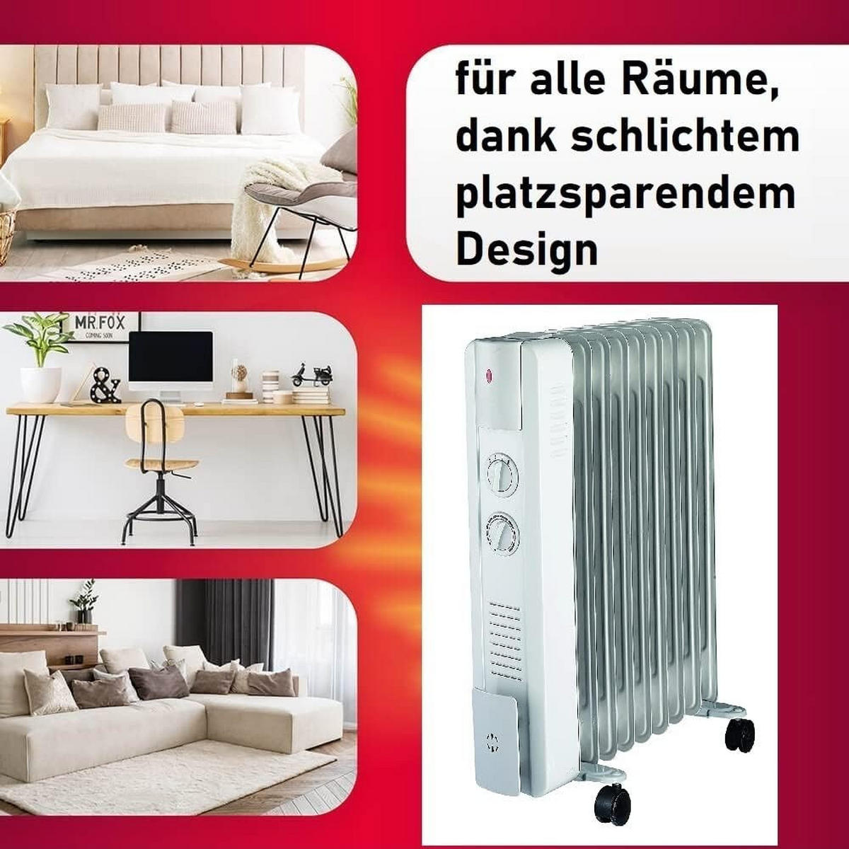 ÖLRADIATOR 2000W, Elektroheizung, Heizgerät, mobiler Heizkörper, Radiator Heizung, mit Rollen, Thermostat, energiesparend, leise, gleichmäßige Wärme - Weiß, Metall (24/65/35cm) - JUNG