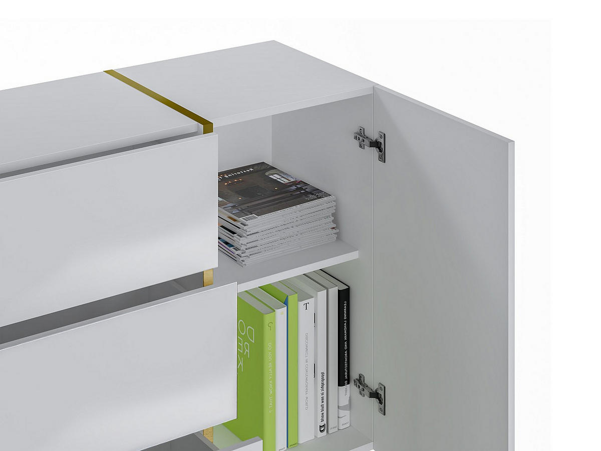 SIDEBOARD mit 2 Türen & 3 Schubladen - Weiß glänzend & Goldfarben - MARZIALO - Weiß, Holz (158/87.2/41cm) - Vente-Unique