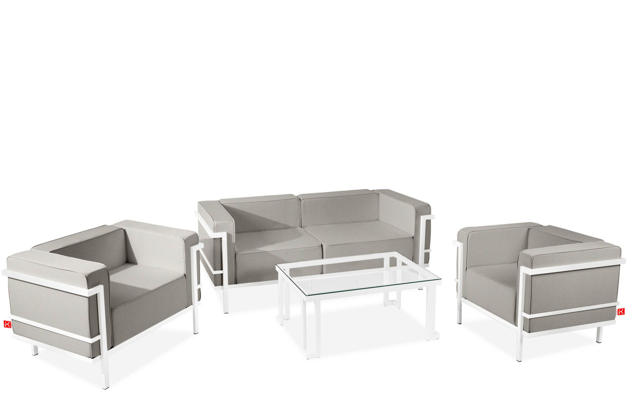 GARTENLOUNGE-SET TRIGLO 4-tlg., 1x Tisch, 2x Sessel, 1x Sofa 2-Sitzer, Modern, Weiß/Hellgrau - Hellgrau/Weiß, Textil/Metall - KONSIMO®