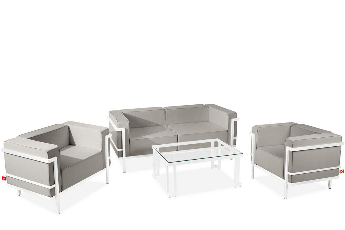 GARTENLOUNGE-SET TRIGLO 4-tlg., 1x Tisch, 2x Sessel, 1x Sofa 2-Sitzer, Modern, Weiß/Hellgrau - Hellgrau/Weiß, Textil/Metall - KONSIMO®