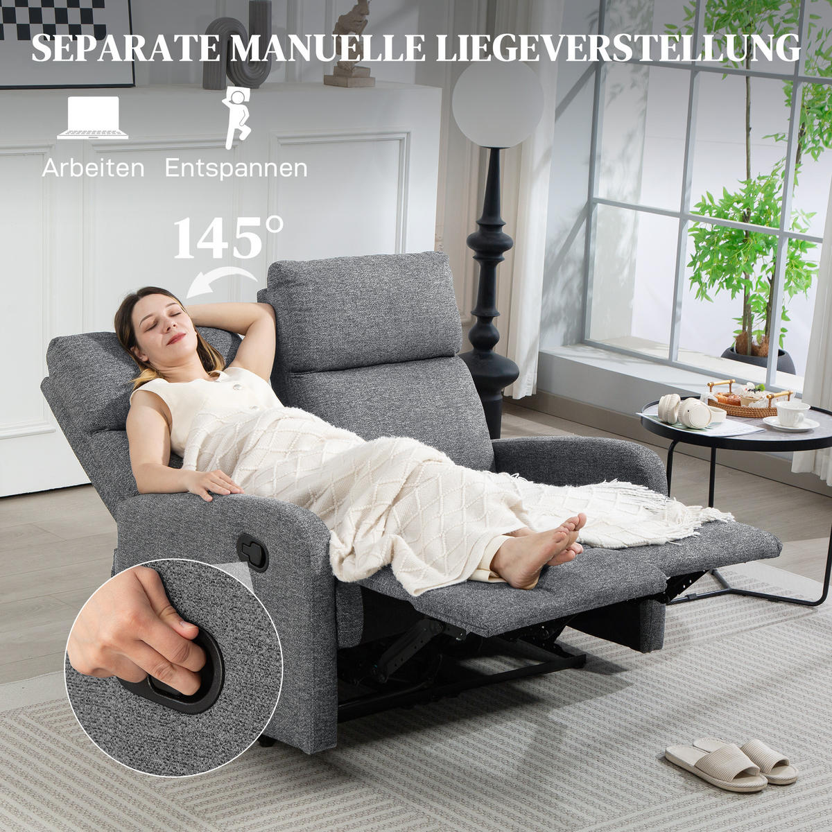 2-SITZER Relaxsessel Fernsehsessel Liegesessel mit Liegefunktion Chenille-Optik - Schwarz/Grau, Textil/Metall (91/98/114cm) - HOMCOM