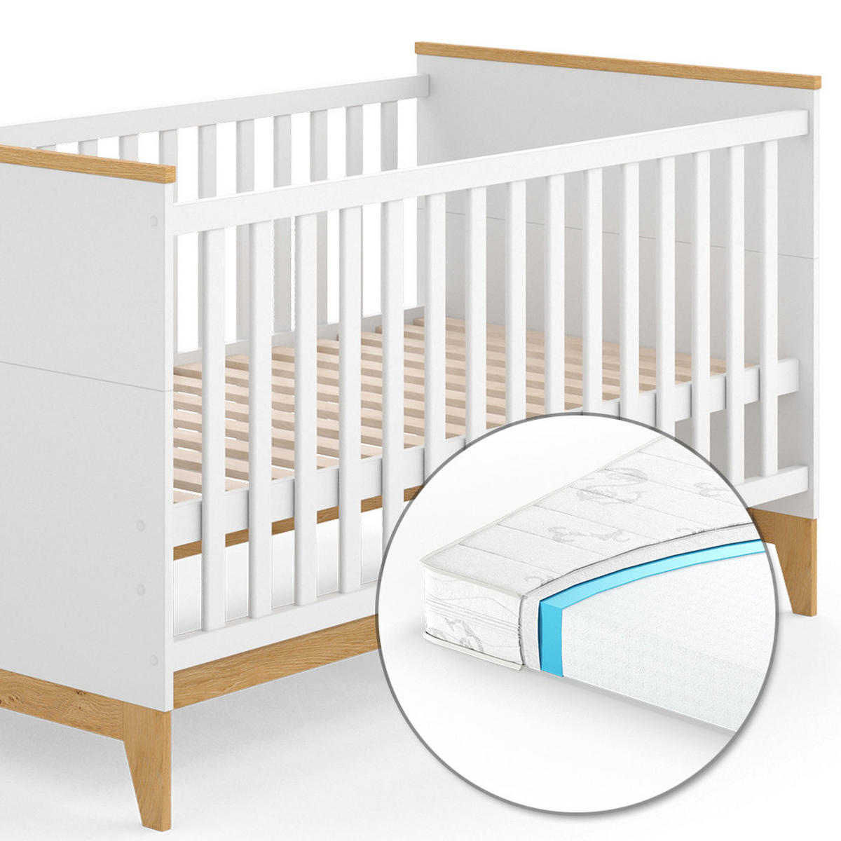 BABYBETT Malia Weiß 70x140 cm mit Matratze - Eichefarben/Weiß, Holzwerkstoff (70/140cm) - VitaliSpa