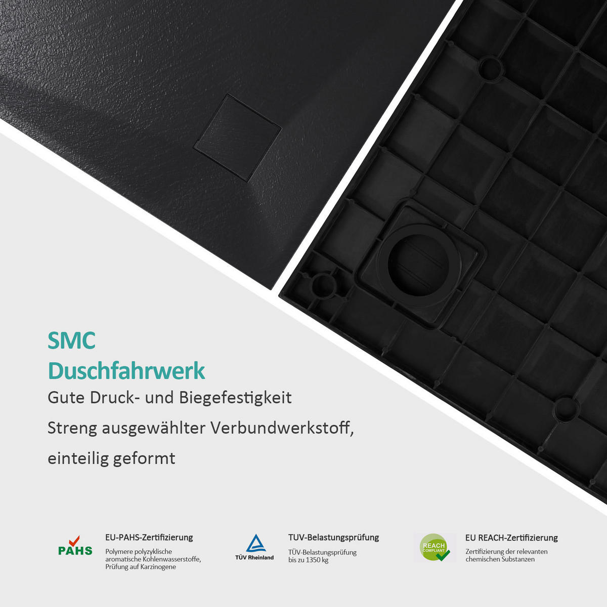 DUSCHWANNE Viertelkreis mit rutschhemmender Oberfläche 80/80 cm, Schwarz - Schwarz, Naturmaterialen (80/2.6/80cm) - EMKE