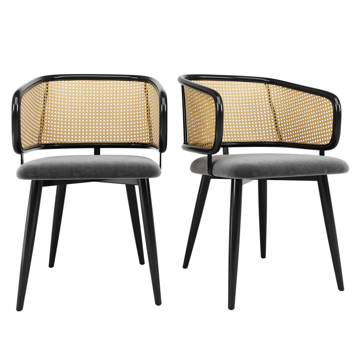 ESSZIMMERSTÜHLE 2er Set Rattan Rückenlehne & Samtsitz - Grau, Leder/Textil (47/79/47cm) - Urban Meuble