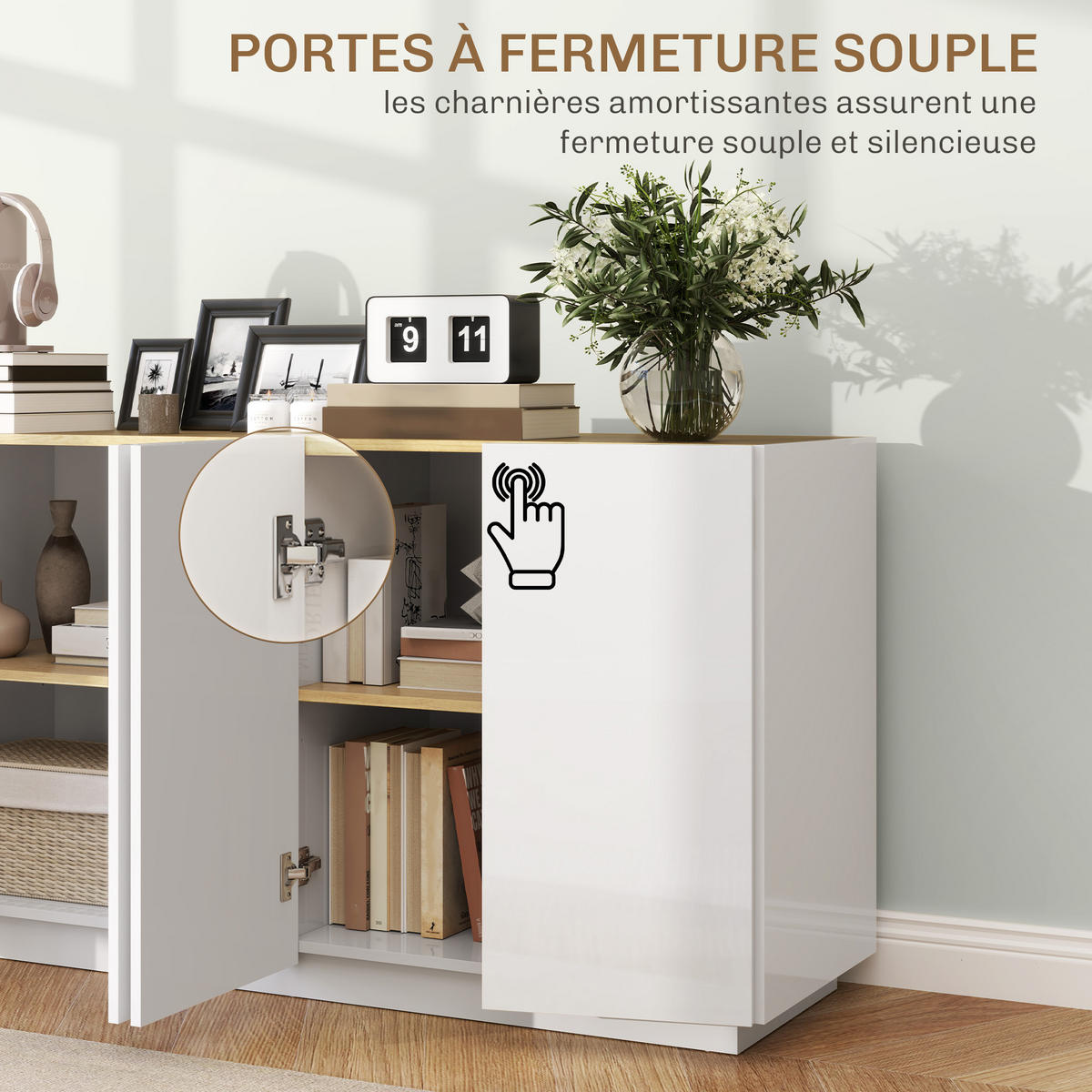 SIDEBOARD Weiß-Lack, Kiefer-Nachbildung, 4 Türen, 140/40/75 cm - Weiß Hochglanz, Holz (140/75/40cm) - PANGIVO