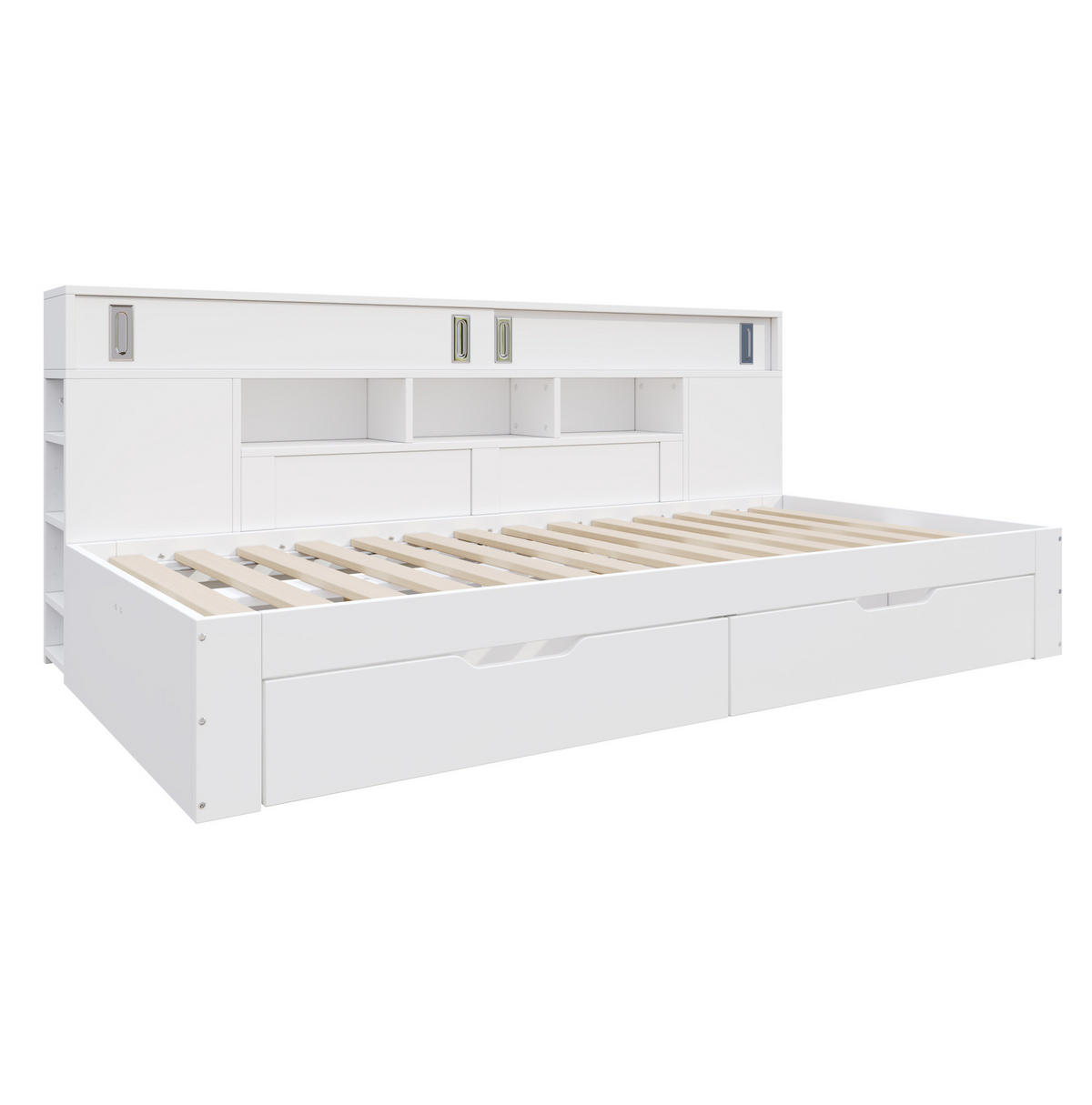 KINDERBETT 90/190 cm mit 2 Schubladen, Schrank, Regalen und Lattenrost aus MDF, Weiß - Weiß, Holzwerkstoff (90/190cm) - Redom