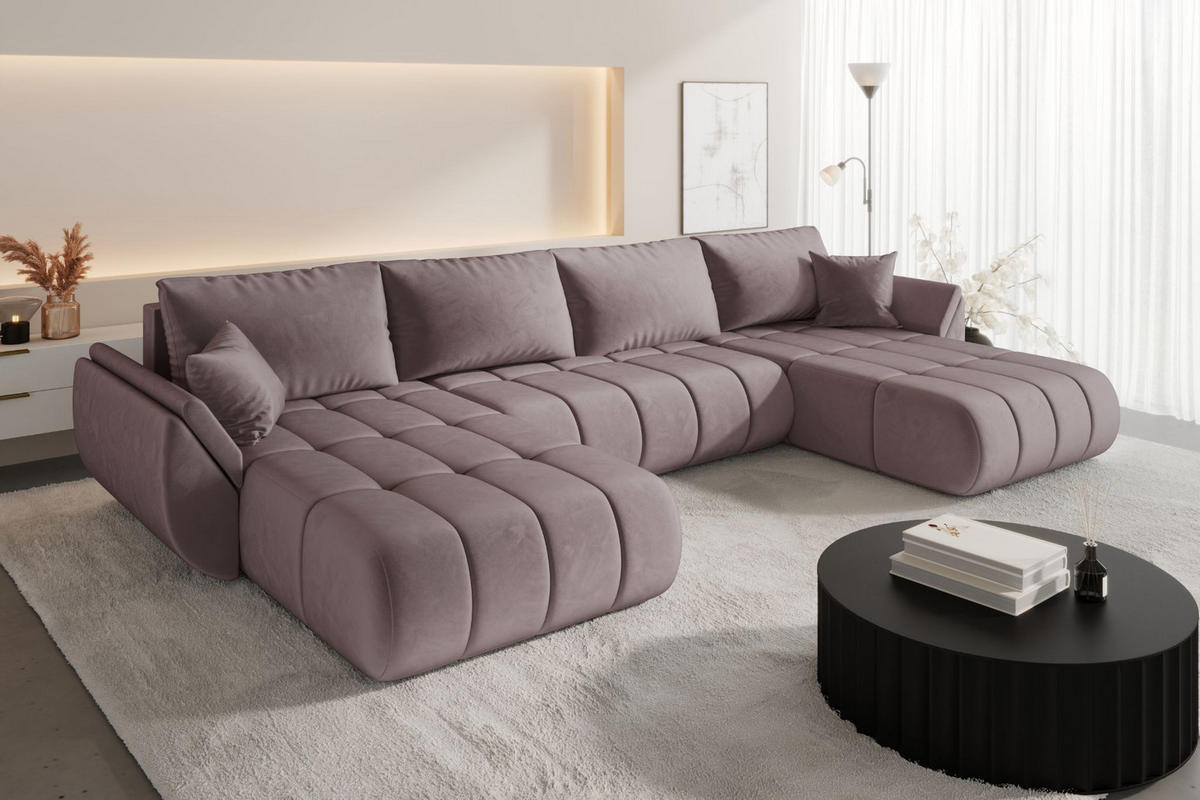 ECKSOFA mit schlaffunktion und bettkasten TOKYO U PREMIUM, stoff MONOLITH, Lila - Violett, Holz (384/190cm) - Kaiser Möbel