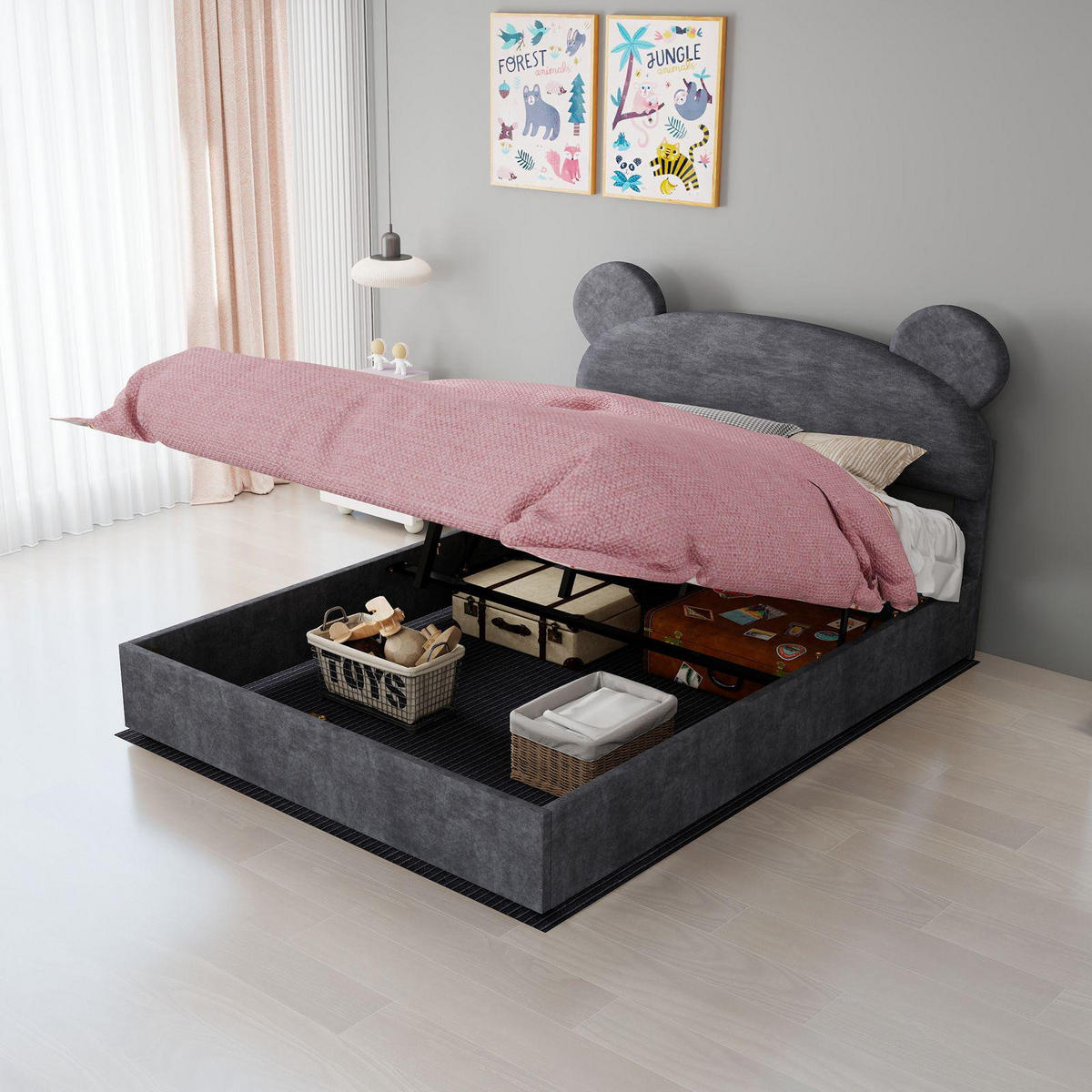 POLSTERBETT 140/200 cm in Grau Stoff mit Bettkasten und Cartoon-Kopfteil - Grau, Holzwerkstoff/Textil (140/200cm) - STILVORA