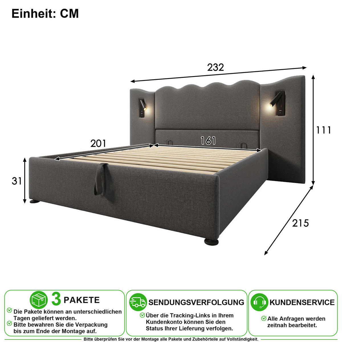 ČALOUNĚNÁ POSTEL 160/200 cm v šedé barvě s úložným prostorem, lampičkou a USB-C - šedá, kov/kompozitní dřevo (160/200cm) - CHICFURN
