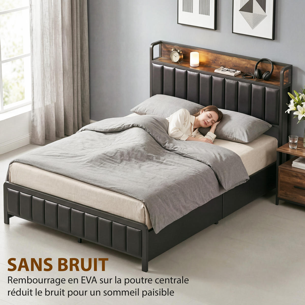 BETT 140x190 cm DE-14672 mit 4 Schubladen & Ablage Schwarz - Schwarz, Metall (140/190cm) - ComfortXL