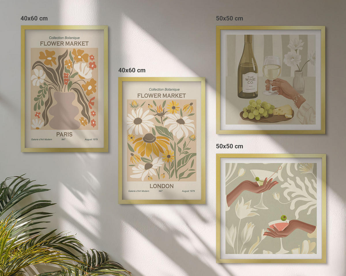 BILDER SET 4er Set - 50x50 cm & 40x60 cm Goldrahmen - Blumenmuster aus europäischen Städten - Goldfarben, Kunststoff (50/50cm) - TULUP