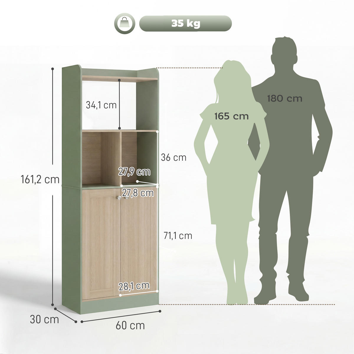 AKTENREGAL DE-14529 5 Ebenen mit 2 Türen, zweifarbig Grün/Naturholz - Grün, Holzwerkstoff (30/161.2/60cm) - ComfortXL