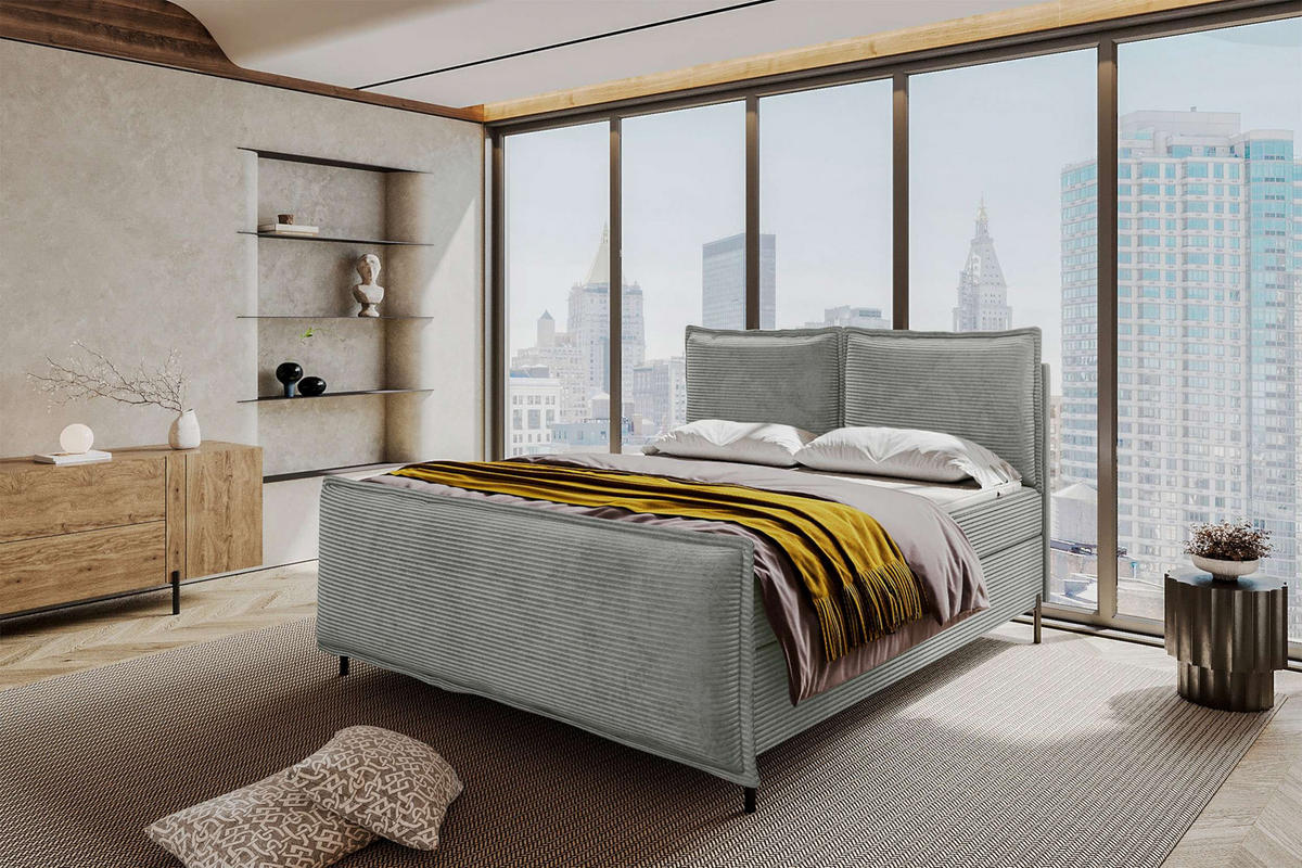 BOXSPRINGBETT VERO PLUS Cordstoff Hellgrau 140/200 cm - Hellgrau/Schwarz, Holzwerkstoff/Textil (140/200cm) - 99rooms