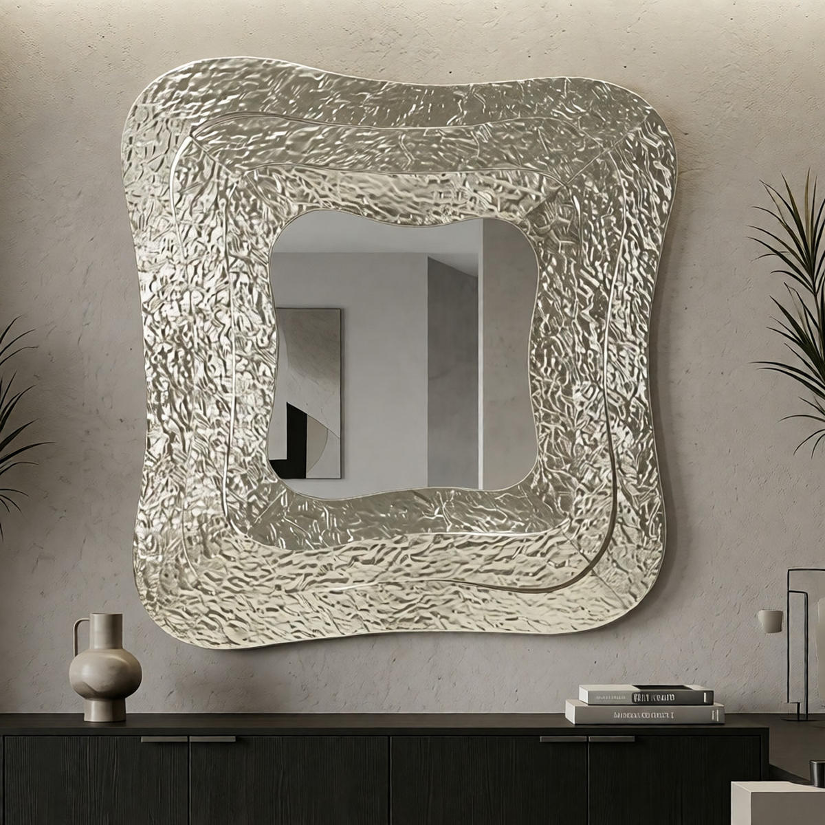 WANDSPIEGEL Aury, silberfarben, Metall und Spiegelglas, 74 x 7 x 79 cm, quadratisch - Silberfarben, Glas/Metall (74/79/7cm) - Mauro Ferretti