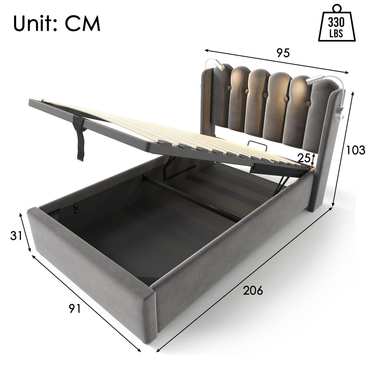 POLSTERBETT mit Bettkasten & USB 90x200 cm Samt Grau - Grau, Metall (90/200cm) - Meubliv