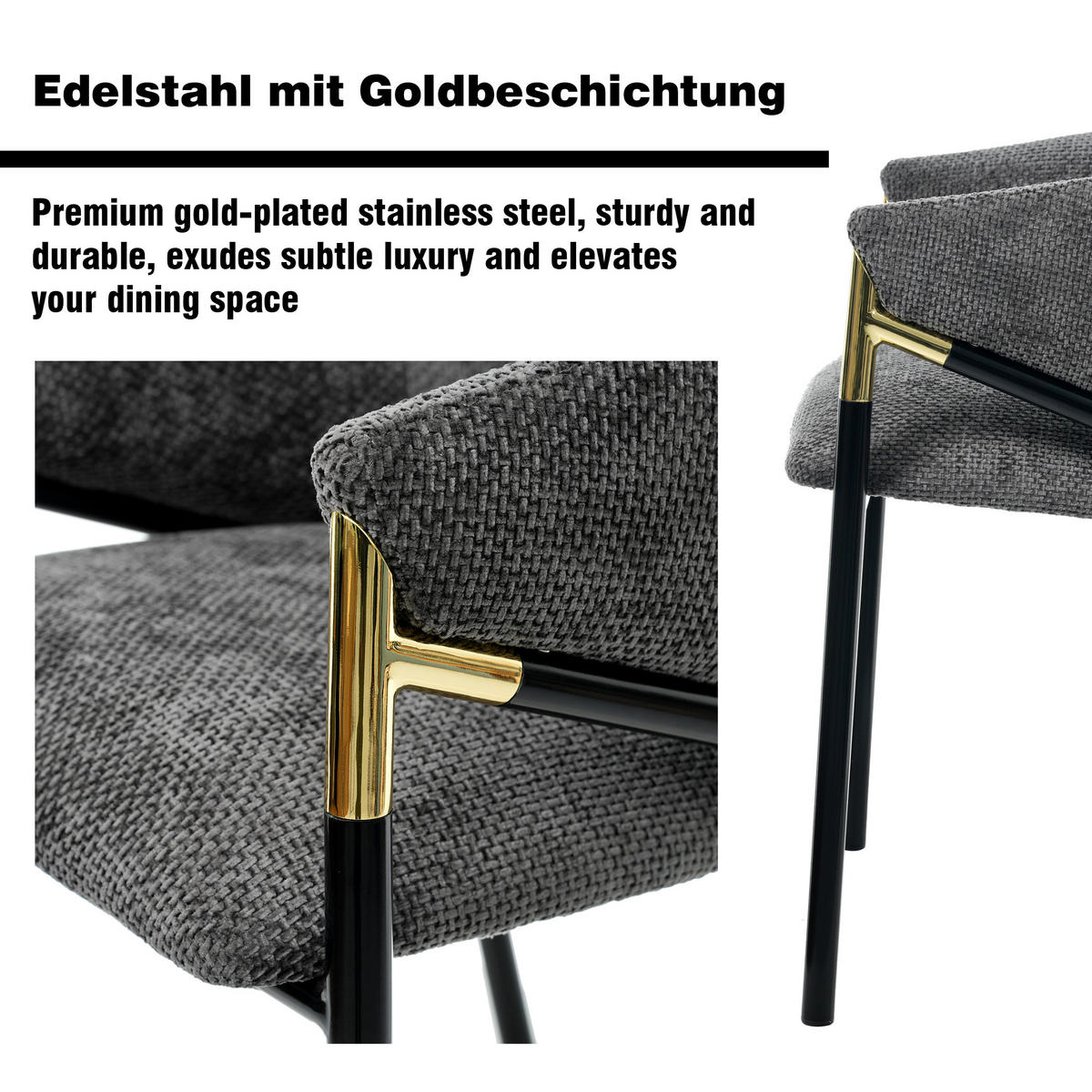 ESSZIMMERSTÜHLE 4er Grau Chenille Gold Edelstahl modern - Grau, Textil (56.5/78.5/56.5cm) - FLIEKS