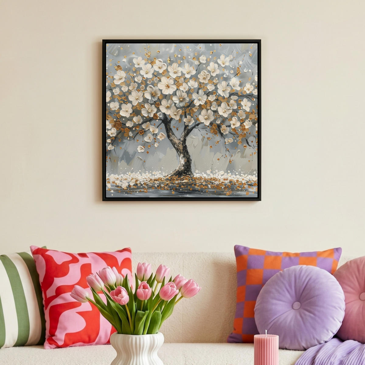 LEINWAND Bilder mit Rahmen - Baum - Blumen - Weiß - Natur - Kunst - 50x50 - Weiß, Textil (50/50cm) - MuchoWow