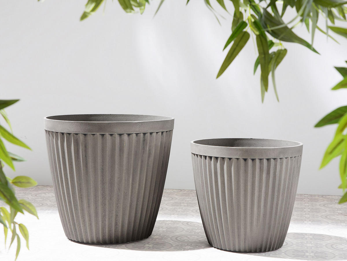 BLUMENTOPF taupe rund 36/36/33 cm Poka - Grau, Stein (33cm) - Beliani