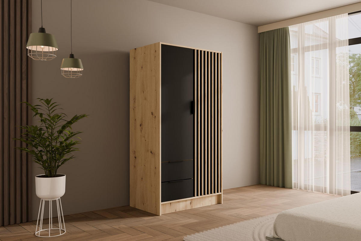 KLEIDERSCHRANK NELIA - 120 cm - Schwarz/Eiche Artisan, Holzwerkstoff (102/200/51cm) - ALTDECOR