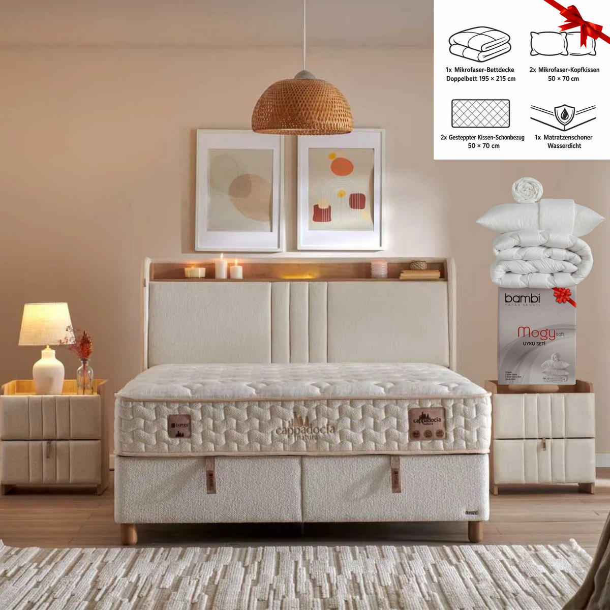 BOXSPRINGBETT Bambi Bett mit Matratze Boxspringbett 160x200 Capadocia Set - Beige, Holz (160/200cm) - Gowoll
