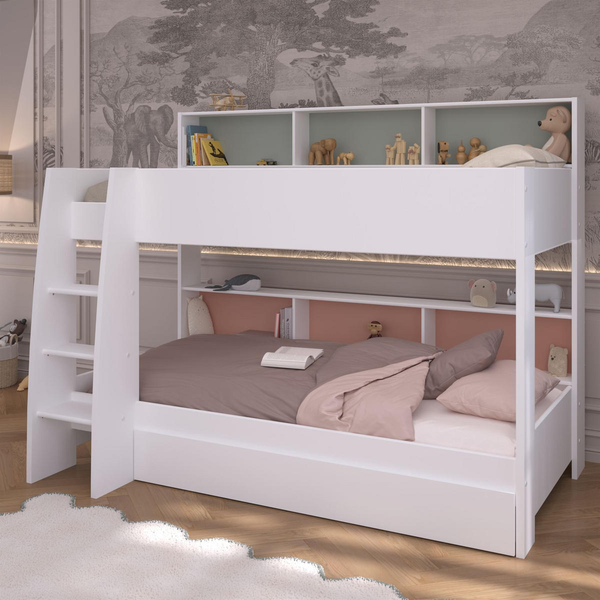 ETAGENBETT Parisot Leo 11 mit Bettschublade 90x200 Holzdekor Weiß - Weiß, Kunststoff (90/200cm) - 58aufmkessel