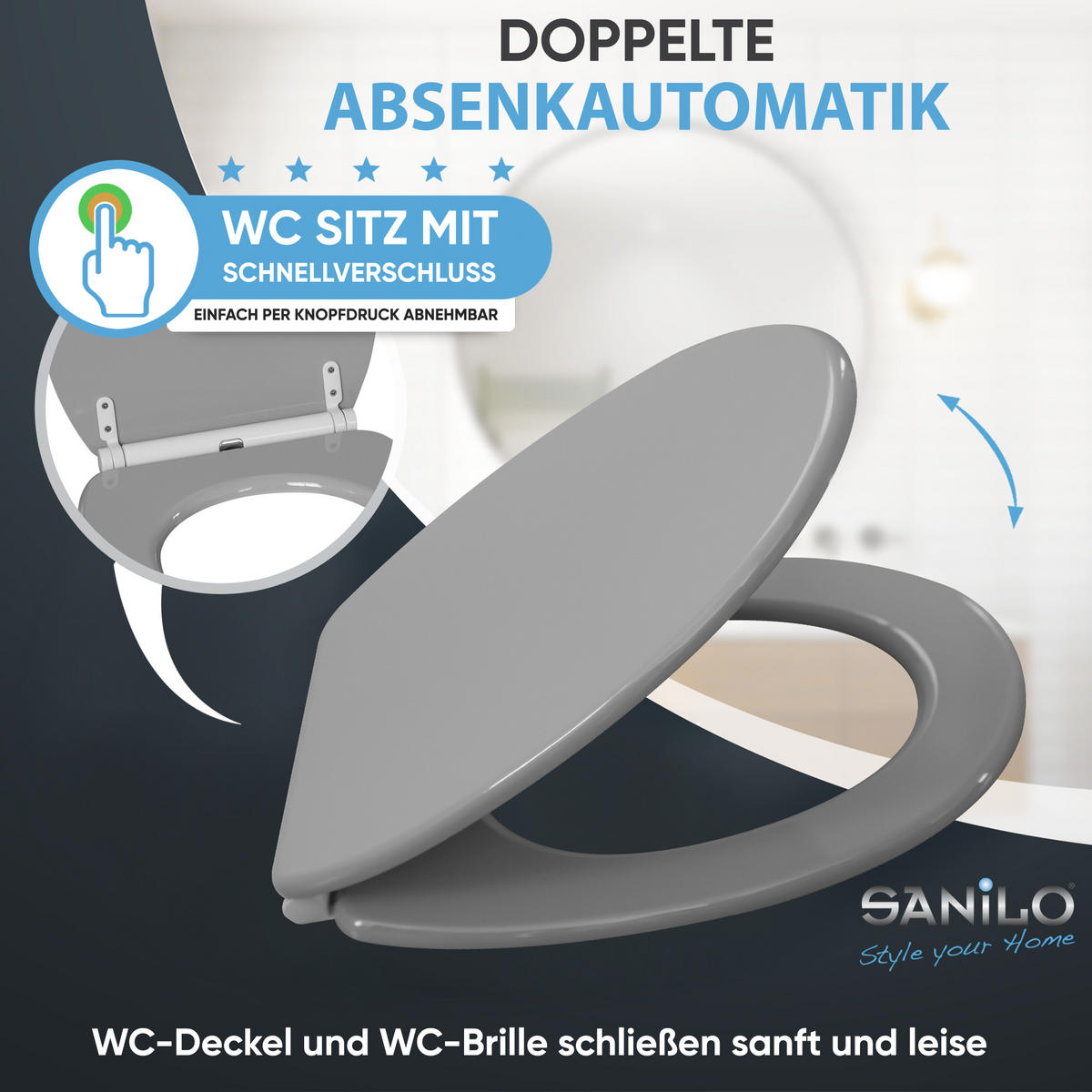 WC-SITZ mit Absenkautomatik & Top Fix Manhattan Grau - Grau, Holzwerkstoff (37.7/5.5/48cm) - Sanilo