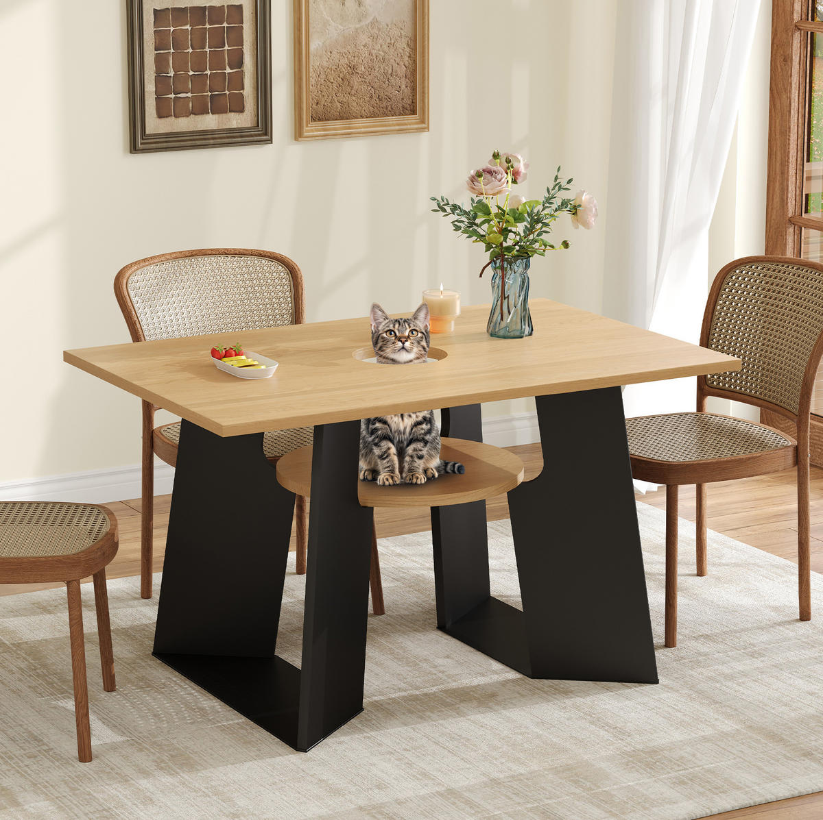 ESSTISCH 130/85/75 cm in Natur/Schwarz mit Ablagefach und haustierfreundlichem Design - Schwarz, Holzwerkstoff (130/85/75cm) - BEAOK