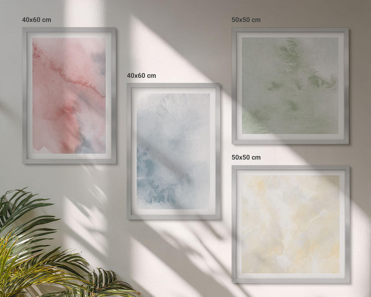 WANDBILDER 4er Set - 50x50 cm & 40x60 cm Silberner Rahmen - Aquarellfarben in Pastellfarben - Silberfarben, Kunststoff (50/50cm) - ArtPrintCave