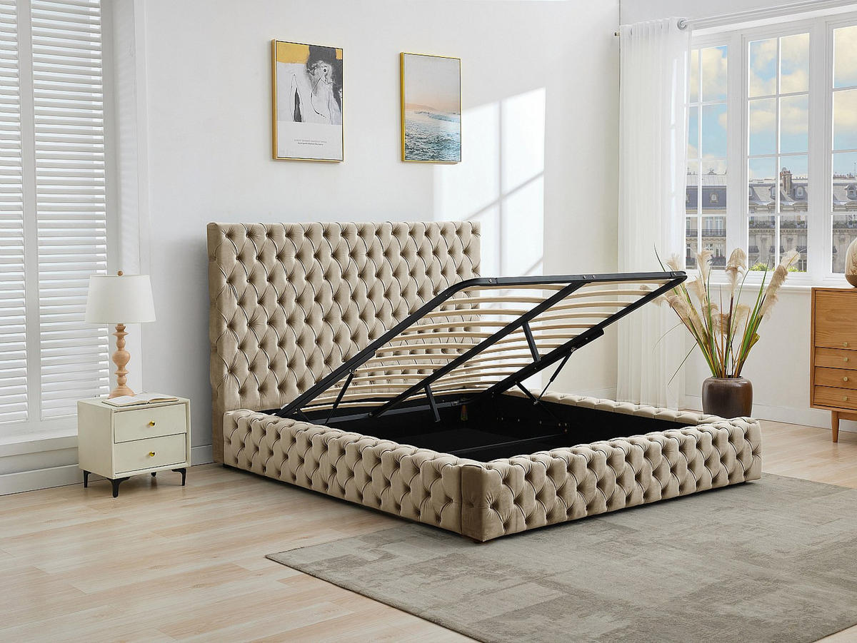BETT mit Bettkasten - 2 Personen - samt - taupe Duleni - Taupe, Textil (160/200cm) - Vente-Unique