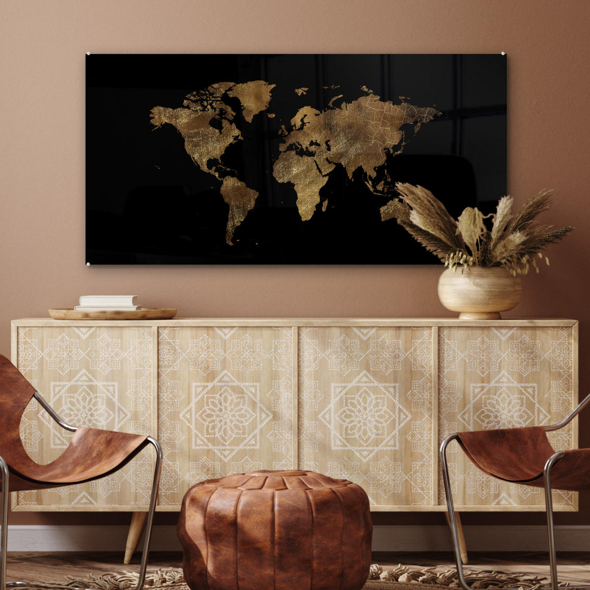 ACRYLGLASBILD Weltkarte - Gold - Luxus - Erde - Schwarz 120x60 cm - Goldfarben, Glas (120/60cm) - MuchoWow