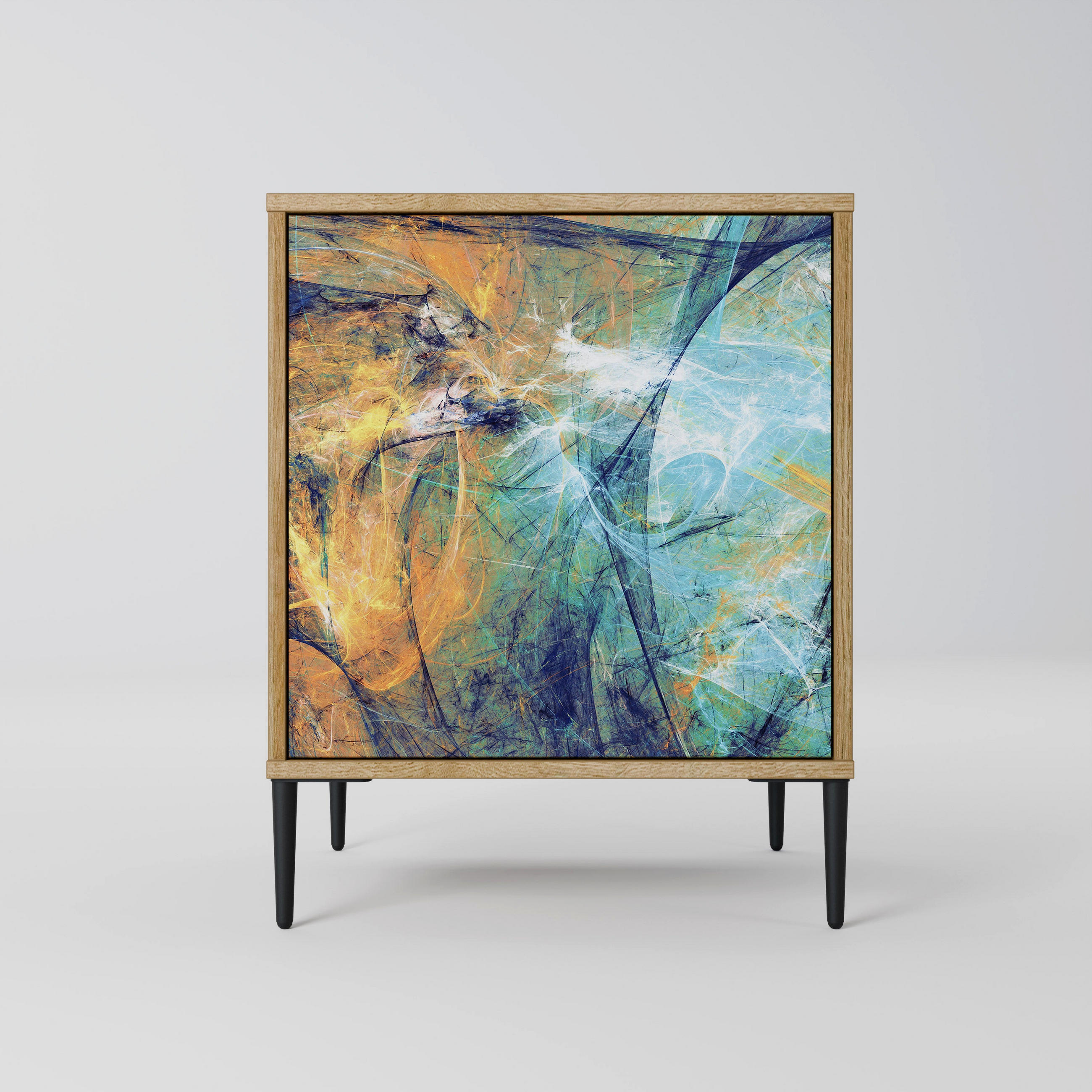 SIDEBOARD ABSTRACT THOUGHTS, Eichefarben, 57,5x42x72,5 cm, Schwarze Metallfüße - Eichefarben/Multicolor, Holzwerkstoff/Metall (57.5/72.5/42cm) - SpaceRebels