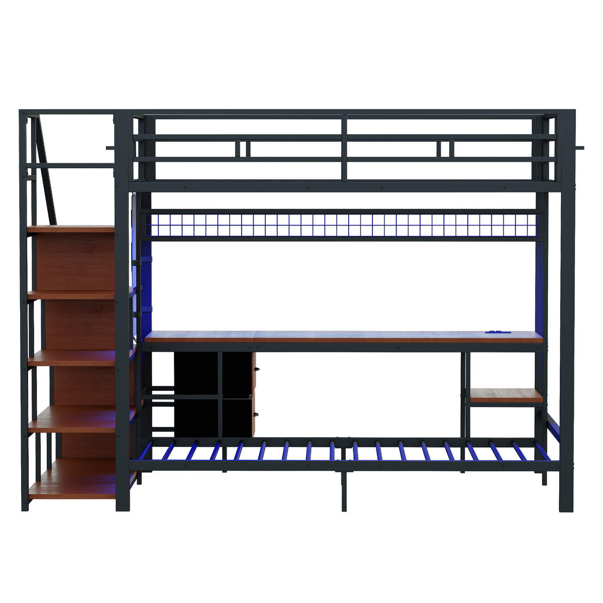 ETAGENBETT 140/200 cm DE-01501, in Schwarz, mit Schreibtisch, LED und Steckdosen - Schwarz, Metall (140/200cm) - ComfortXL