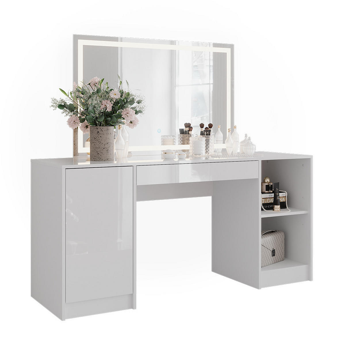 SCHMINKTISCH Sherry Weiß/Weiß Hochglanz 158.2 cm mit LED-Spiegel - Weiß Hochglanz, Holzwerkstoff (158.2/76/50.1cm) - Vicco