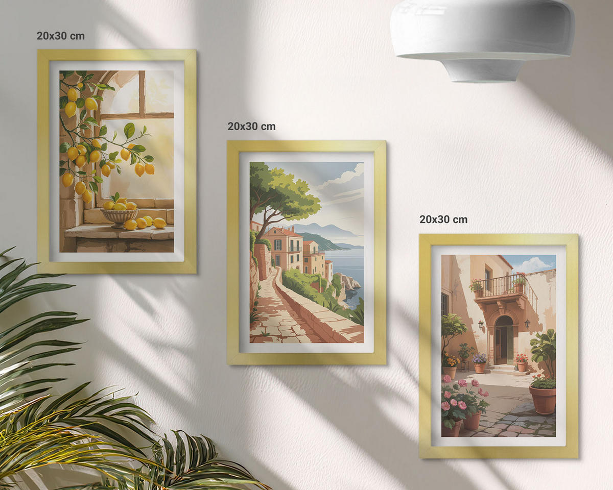 WANDBILDER 3er Set - 20x30 cm Goldrahmen - Zitrusfrüchte in der Küchenmeerstadt - Goldfarben, Kunststoff (20/30cm) - ArtPrintCave