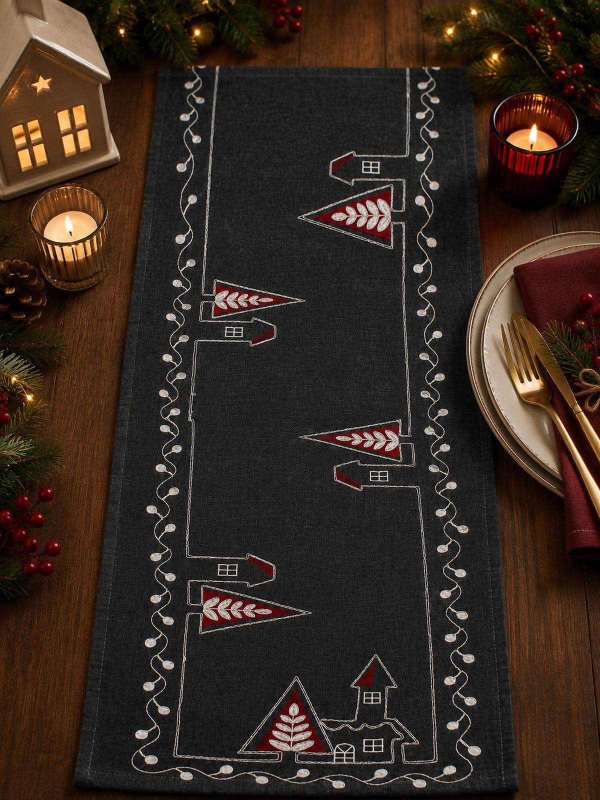 TISCHLÄUFER Weihnachten 35/170 cm Kirche Stickerei Leinenoptik - Anthrazit/Rot, Textil (35/170cm) - TiborTex
