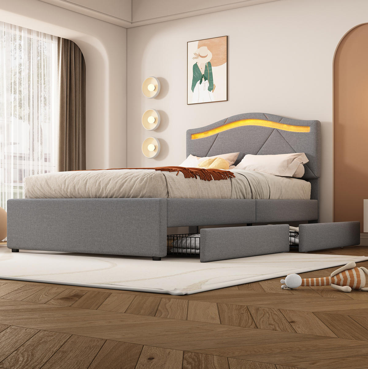 POLSTERBETT 90/200 cm Grau mit LED, 2 Schubladen und verstellbarem Kopfteil - Grau, Textil (90/200cm) - MIVRAY