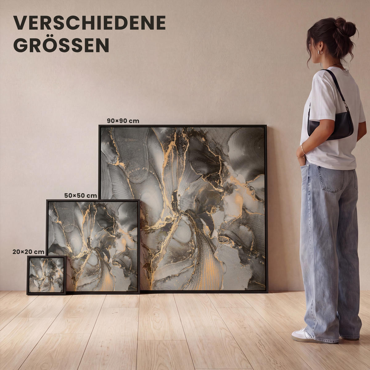 LEINWAND Bilder mit Rahmen - Grau - Luxus - Gold - Marmor - 50x50 - Dunkelgrau, Textil (50/50cm) - MuchoWow