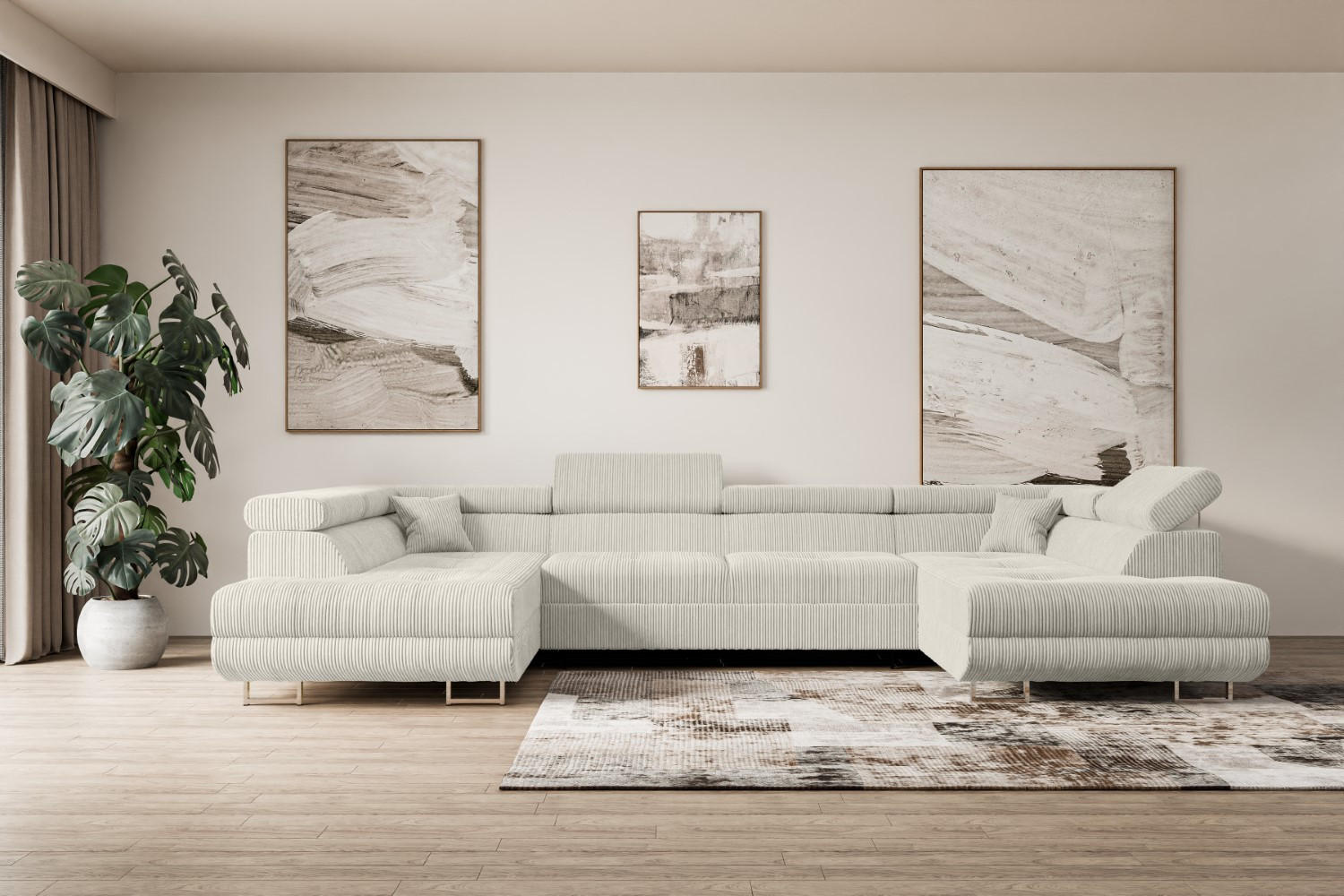 WOHNLANDSCHAFT mit Schlaffunktion und Bettkasten GUSA-U 342x202x107 cm Hellgrau Cord - Silberfarben/Hellgrau, Holzwerkstoff/Textil (342/107/202cm) - ALTDECOR