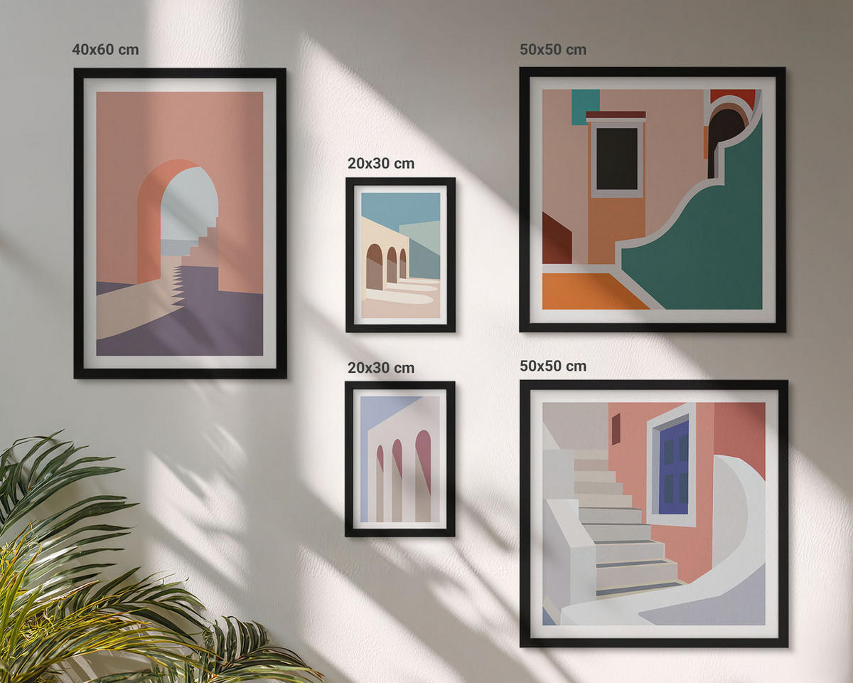 WANDBILDER 5er-Set - 50x50 cm & 20x30 cm & 40x60 cm Schwarzer Rahmen - Minimalistische Pastellgrafiken - Schwarz, Kunststoff (40/60cm) - ArtPrintCave