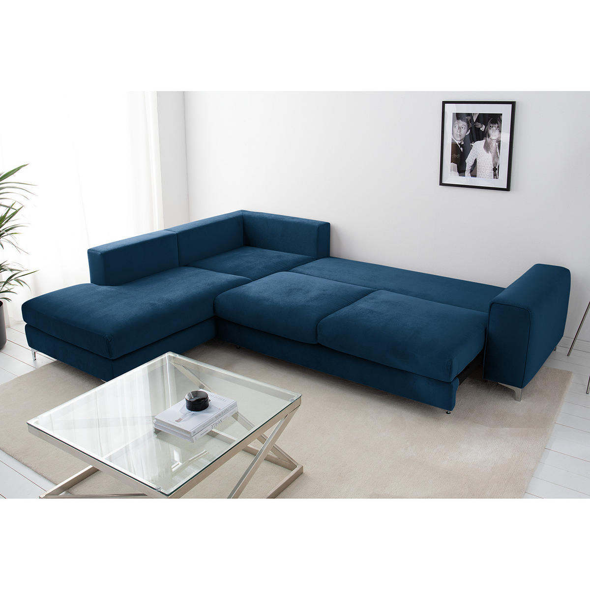 ECKSOFA mit Ottomane - Chromfarben/Petrol, Textil/Metall (302/1cm) - home24