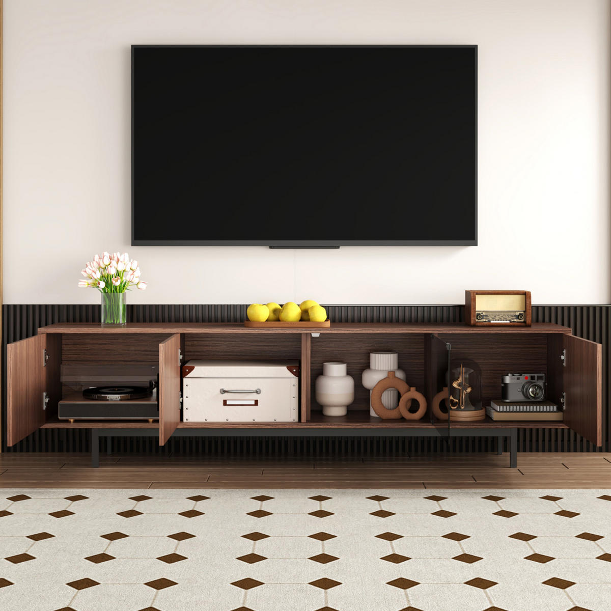 TV Lowboard LED, Strukturfront, Glastür, Schwarz - Schwarz, Holz (200/53/35cm)