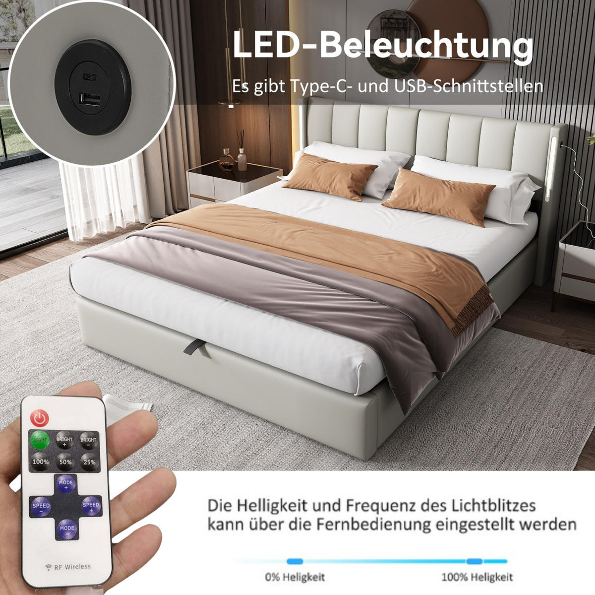 ČALOUNĚNÁ postel 180/200 cm šedá z PU s LED osvětlením, USB portem a úložným prostorem - šedá, plast (180/200cm) - OKWISH