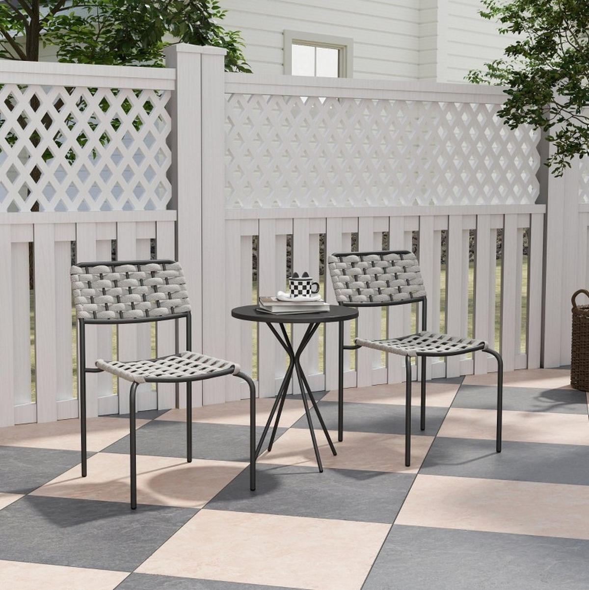BISTROSET 46/60/80 cm grau aus Stahl mit 2 stapelbaren Stühlen - Grau, Metall - OKWISH