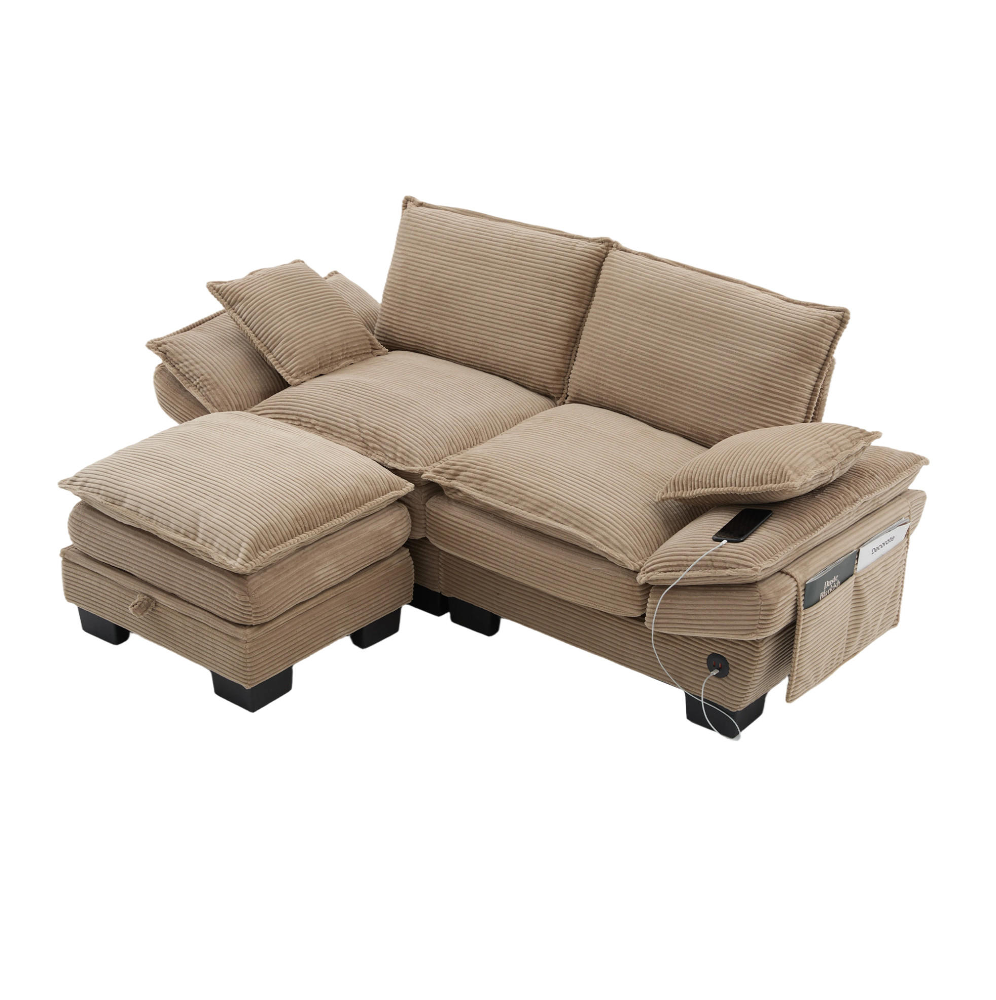 Modfu SEDACIA súprava z kordurové tkaniny 190x132x84 cm khaki s USB-C portom, bočnými vreckami a úložným taburetom
