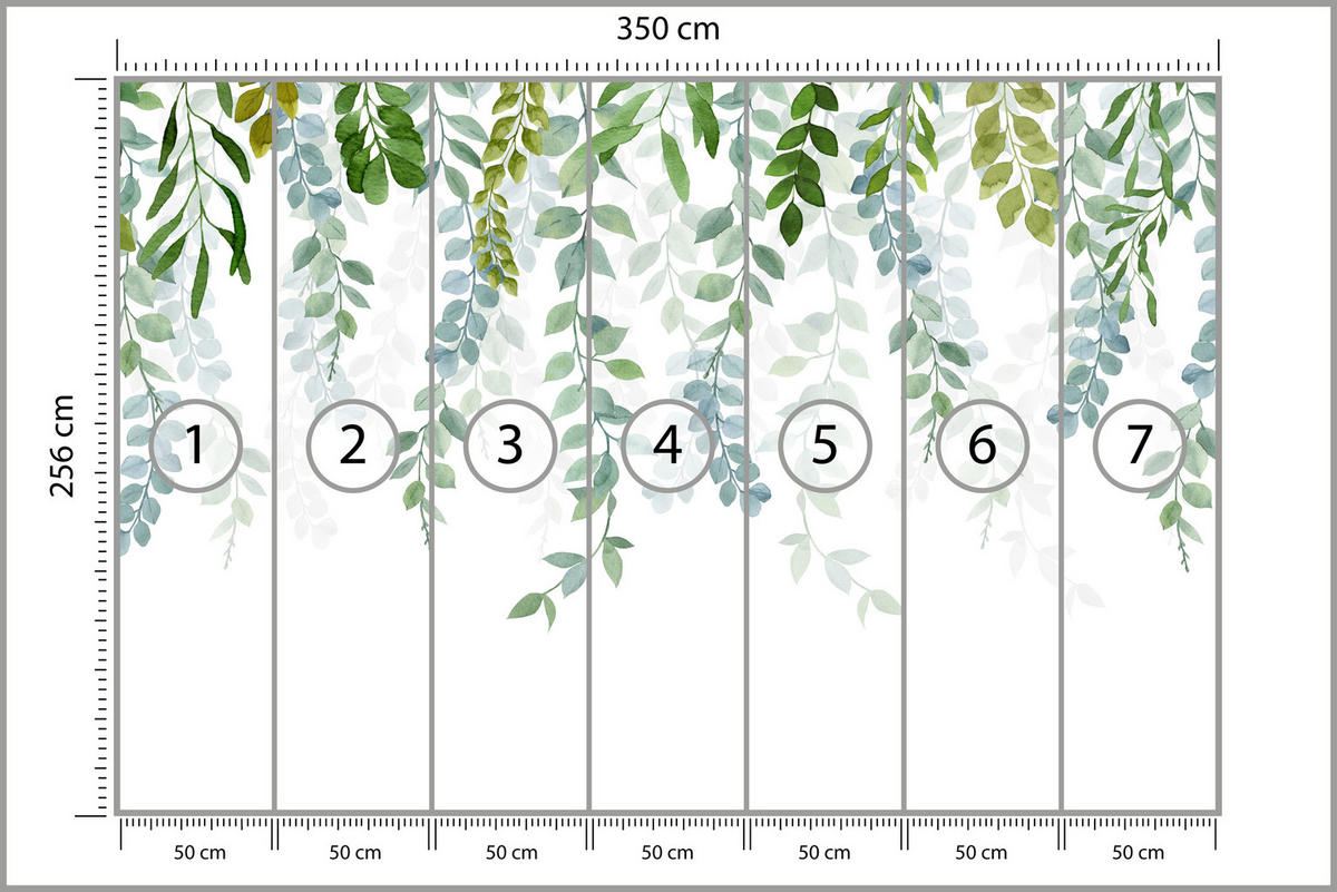 FOTOTAPETE für Schlafzimmer Zarte Ranken Blätter Kletterpflanzen Natur 350x256 - Weiß/Grün, Papier (350/256cm) - Muralo