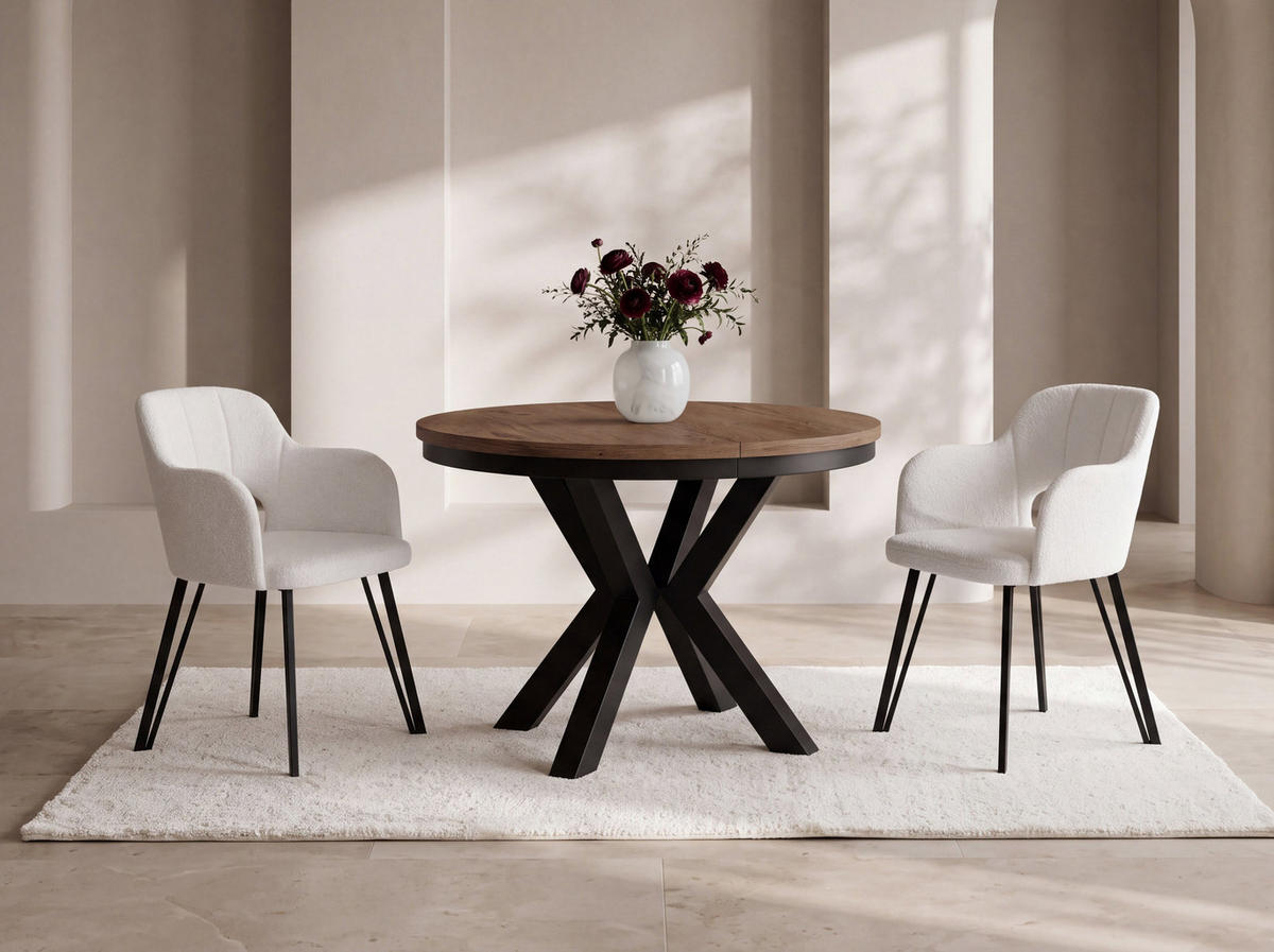 ESSTISCH Clara runder ausziehbarer, Eiche Braun Rustikal 120-200/120/76 cm - Alteiche/Schwarz, Holzwerkstoff/Metall (120/200/76cm) - WFL GROUP