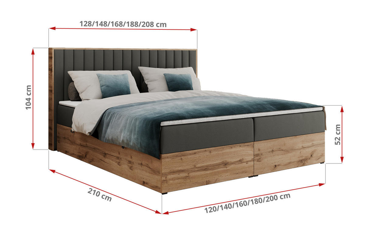BOXBETT ALBERO 4 - 140/200 Dunkelgrau Kunstleder - H3 - Dunkelgrau, Holz/Textil (140/200cm) - MKS