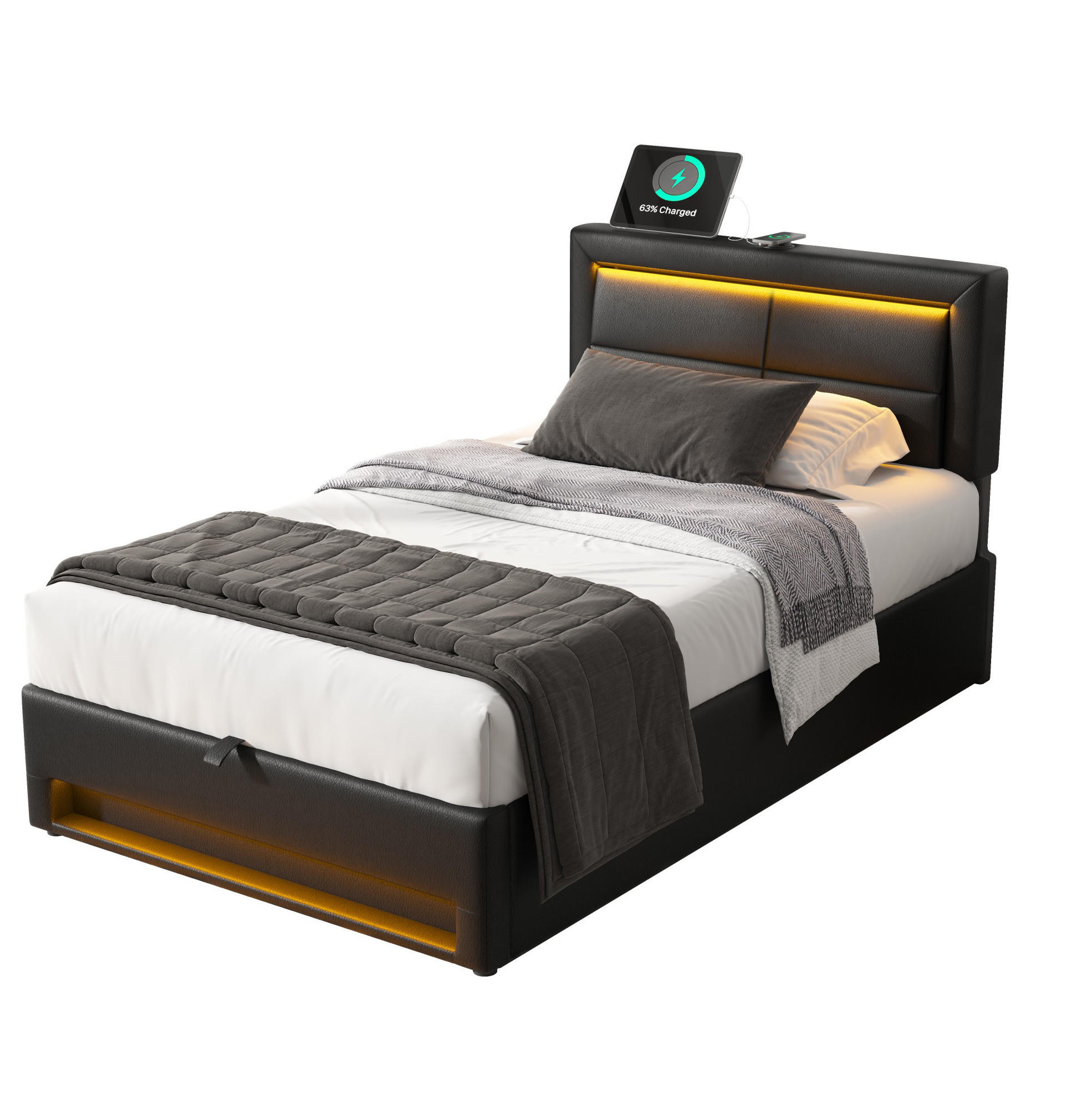 Modfu ČALOUNĚNÁ postel z PU 90x200 cm černá s USB nabíjením, LED osvětlením, úložným prostorem a stabilním lamelovým roštem