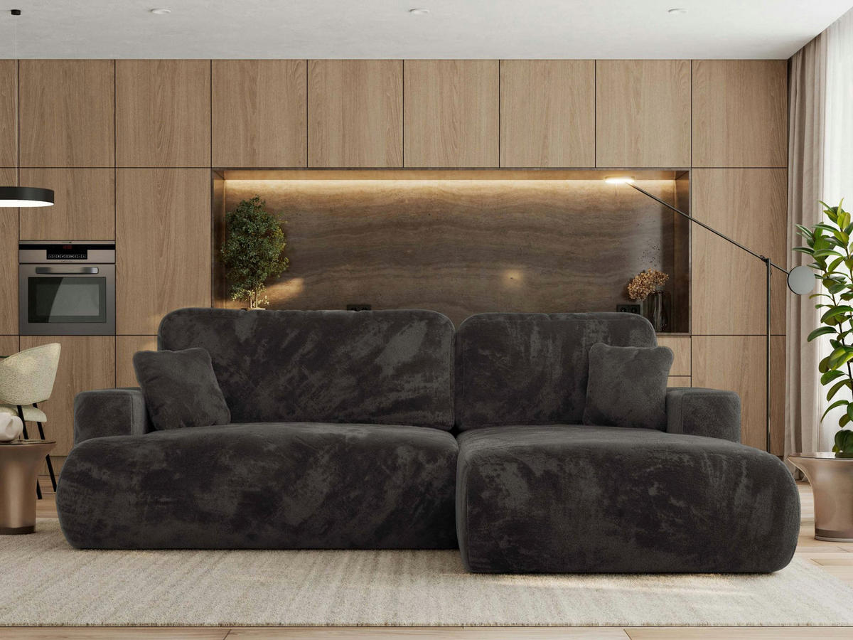 ECKSOFA OVO L Dunkelgrau Plüsch - Rechts Seite - Dunkelgrau/Schwarz, Kunststoff/Textil (195/271cm) - MKS